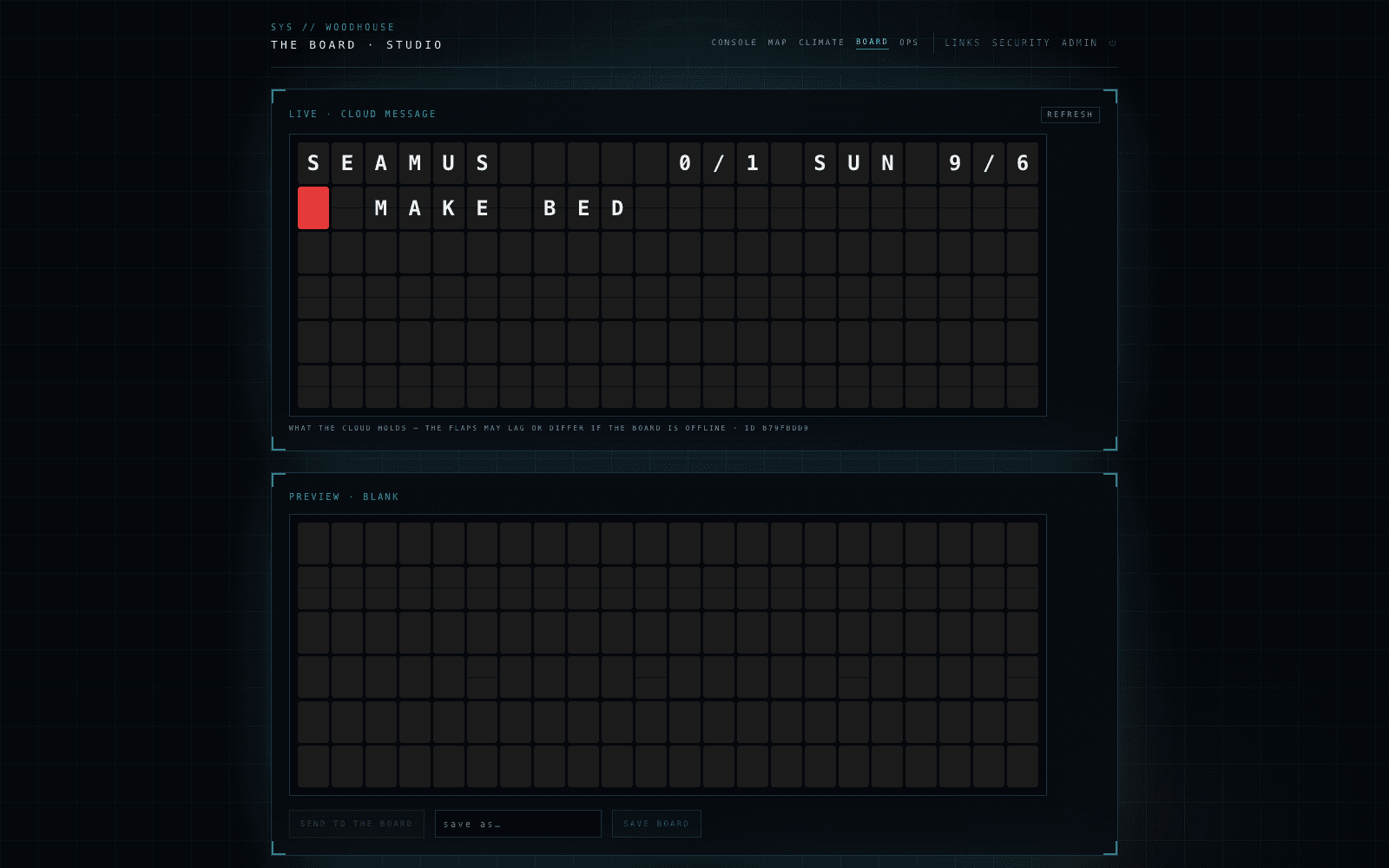 The board studio: the live cloud message and the preview panel, a 6 by 22 split-flap emulator
