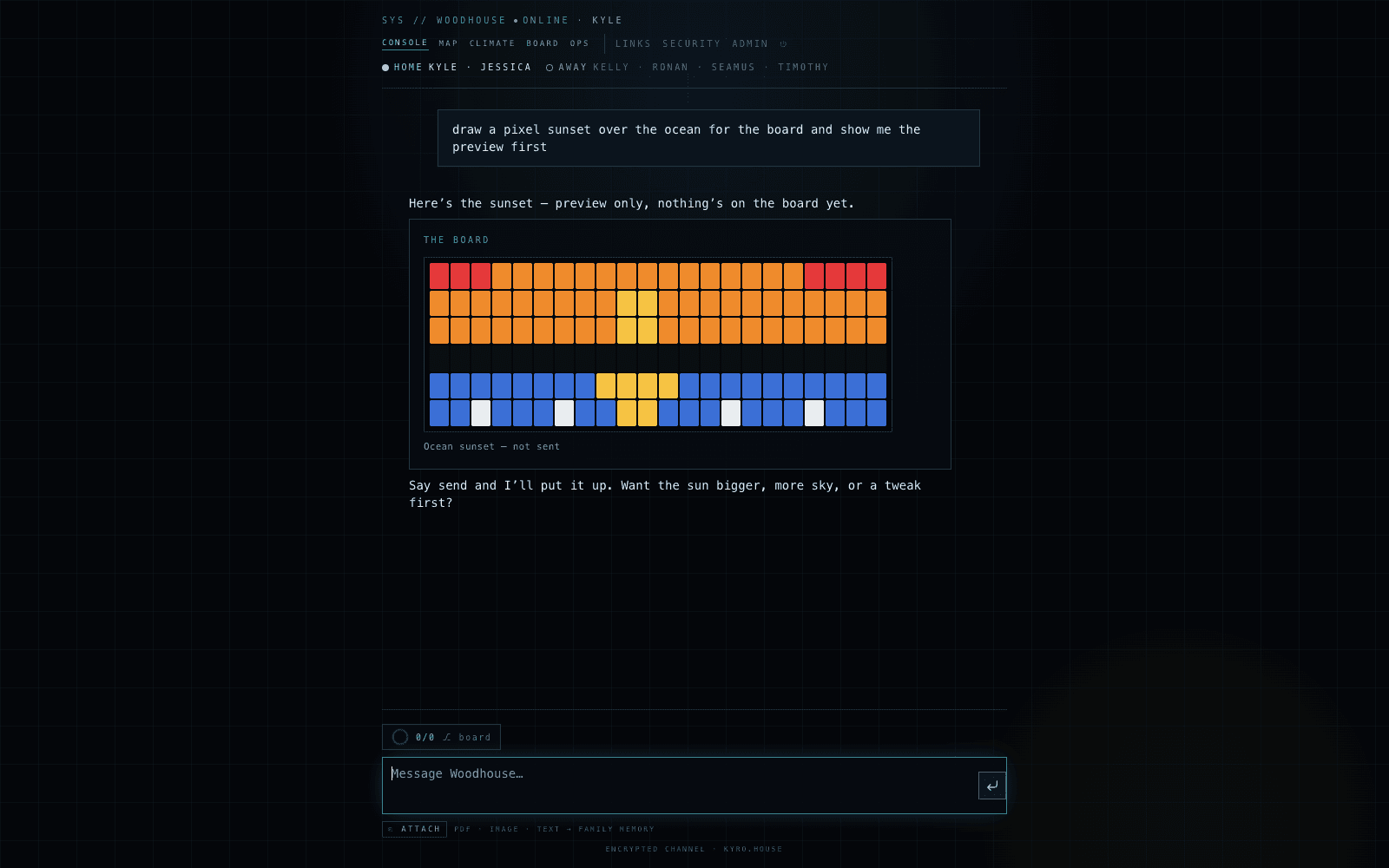 The Woodhouse console: asking for a pixel sunset for the board, Woodhouse drawing it and showing the preview before sending anything