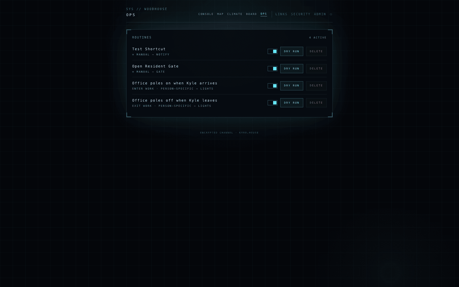 Ops: the routines list with toggles, dry runs and deletes