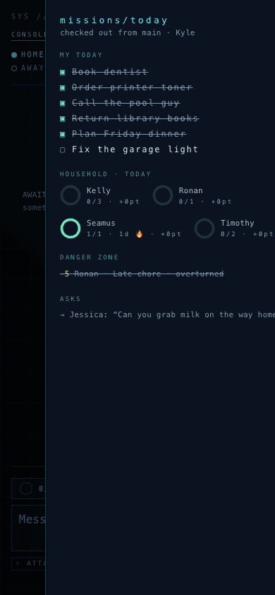 Missions on a phone: today's tasks with tappable boxes, household chore rings, the danger zone