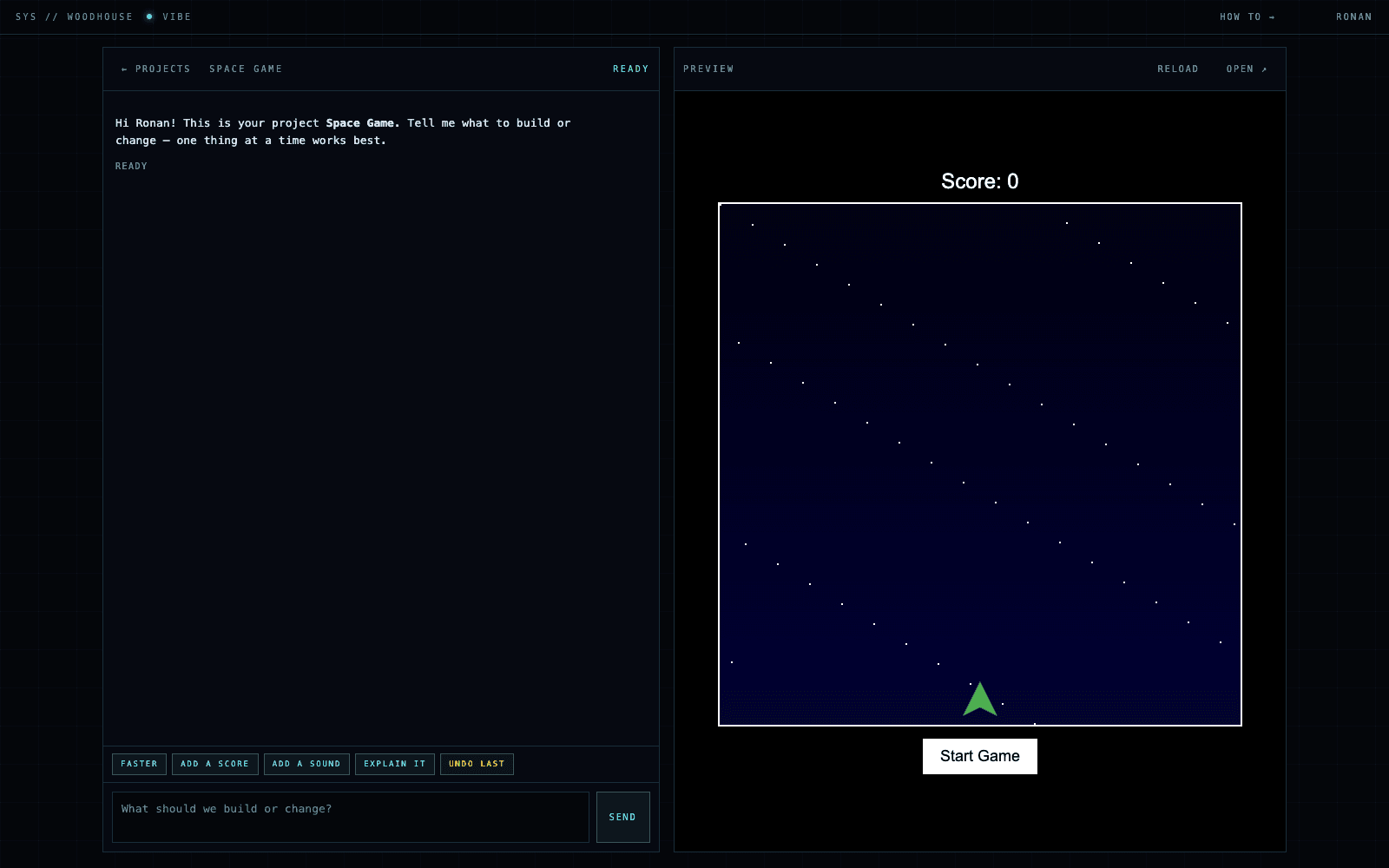 Vibe: Ronan's Space Game — the chat with fx on the left, the live game preview on the right